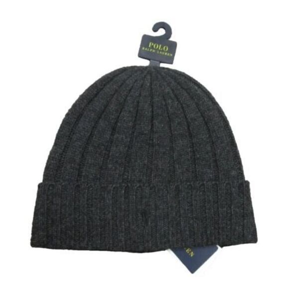New Polo Ralph Lauren Men's Dark Gray Wool Blend Ribbed Cuff Beanie - Picture 1 of 3